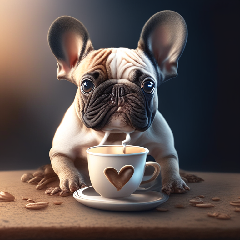 A French Bulldog puppy drinking a latte with heart-shaped art, 4k