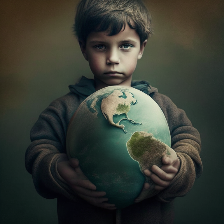 boy is holding the earth