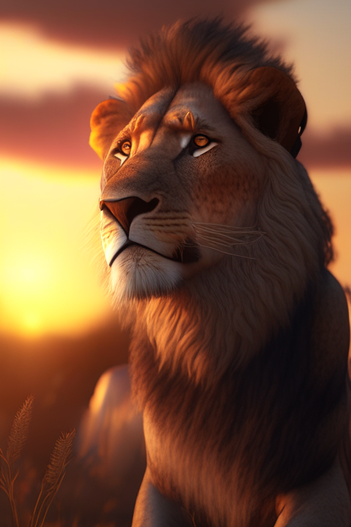 A   close up hyperrealistic detailed lion in a sunset