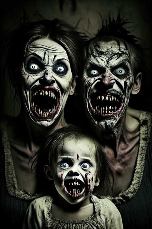 A once cheerful and loving family transformed into a chilling and terrifying group, their faces distorted and disfigured, eyes glowing with an otherworldly light, sharp fangs protruding from their mouths, their bodies adorned with tattered and decayed clothing, each member exuding an aura of darkness and malevolence, Photography, using a wide-angle lens to capture the eerie transformation of the family in a dimly lit room, emphasizing the haunting details of their appearance, --ar 9:16--v 5
