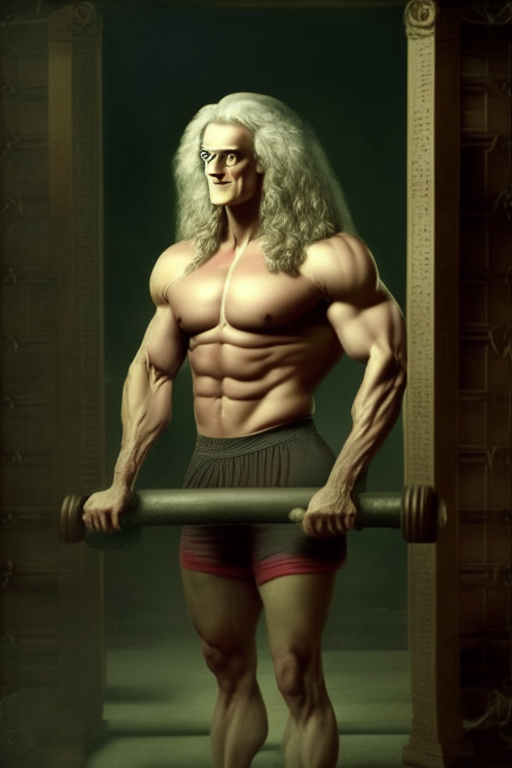 Isaac Newton in gym bodybuilding with apple