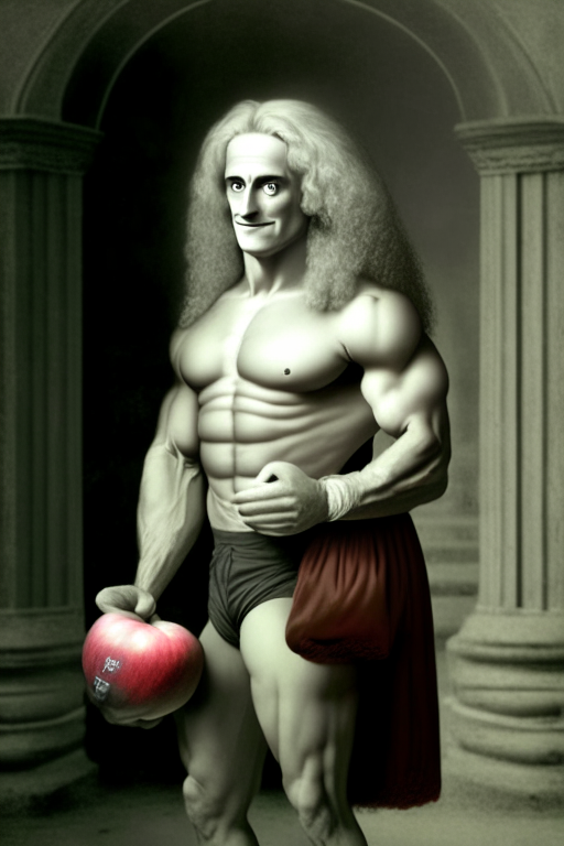 Isaac Newton in gym bodybuilding apple in hand