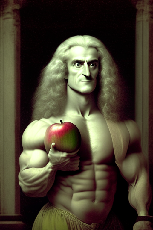 Isaac Newton in gym bodybuilding apple in hand