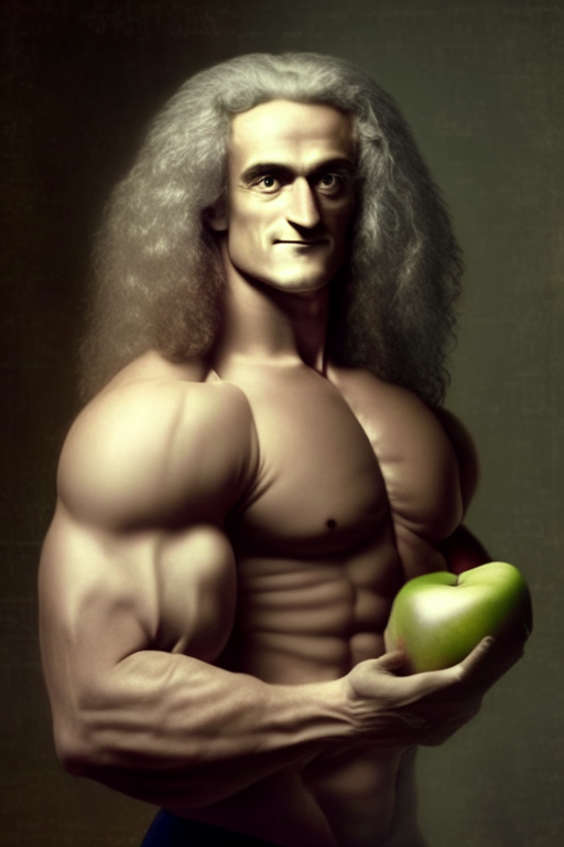 Isaac Newton in gym bodybuilding apple in hand