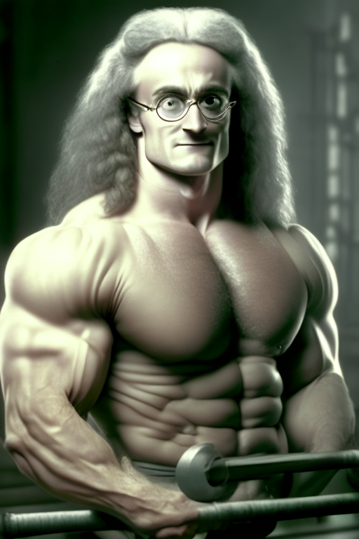 Isaac Newton in gym bodybuilding with glasses 