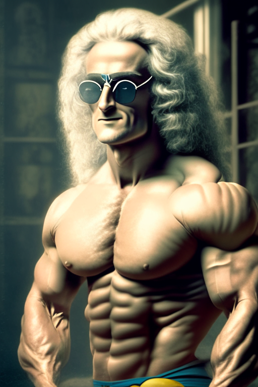 Isaac Newton in gym bodybuilding with sunglasses 