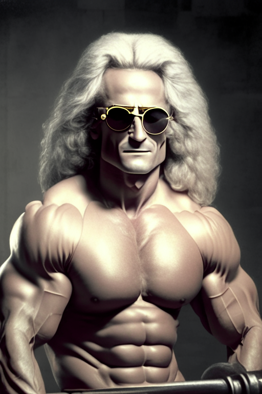 Isaac Newton in gym bodybuilding with sunglasses 