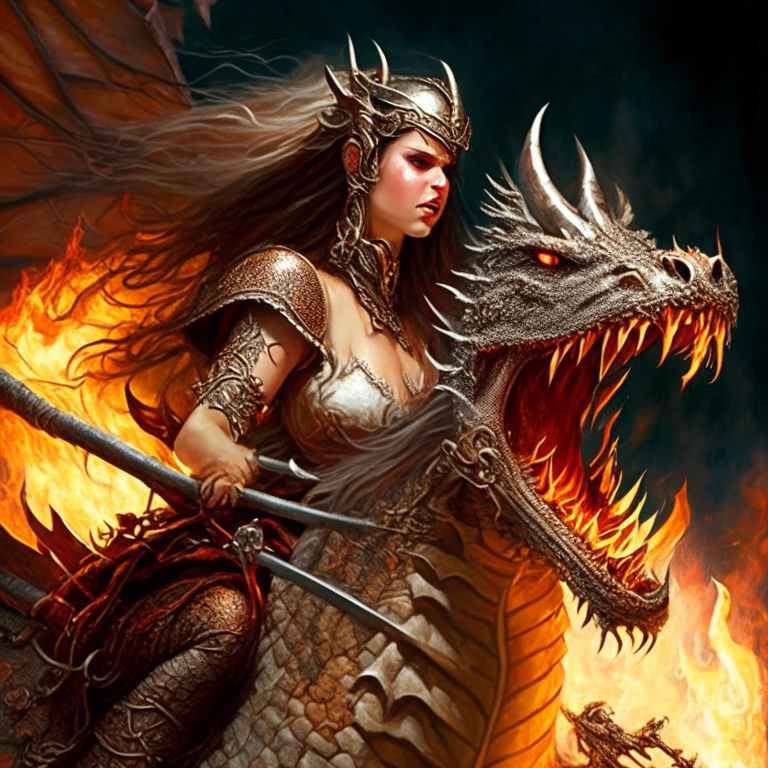 portrait of a single barbarian princess riding a fire-breathing dragon into battle, intricate, elegant, highly detailed