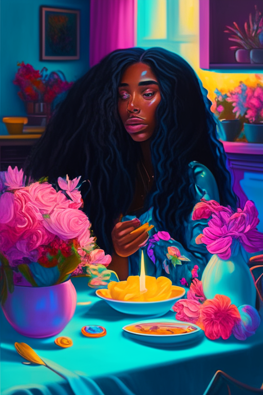 A beautiful mixed race black woman with long hair in a beautifully decorated kitchen sitting at a table eating breakfast there is a lovely vase of flowers blooming on the table vivid bright neon pastel colors