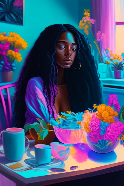 A beautiful mixed race black woman with long hair in a beautifully decorated kitchen sitting at a table eating breakfast there is a lovely vase of flowers blooming on the table vivid bright neon pastel colors