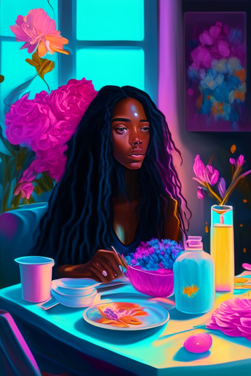 A beautiful mixed race black woman with long hair in a beautifully decorated kitchen sitting at a table eating breakfast there is a lovely vase of flowers blooming on the table vivid bright neon pastel colors