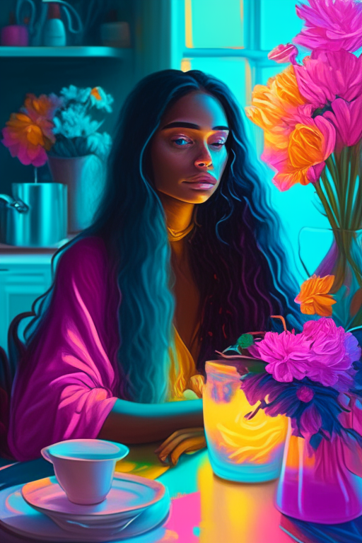 A beautiful mixed race woman with long hair in a beautifully decorated kitchen sitting at a table eating breakfast there is a lovely vase of flowers blooming on the table vivid bright neon pastel colors. A beautiful mixed race woman with long hair in a beautifully decorated kitchen sitting at a table eating breakfast there is a lovely vase of flowers blooming on the table vivid bright neon pastel colors