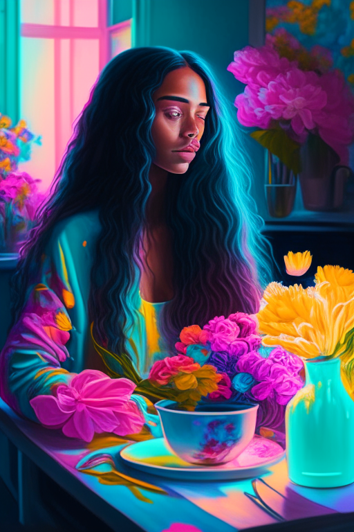A beautiful mixed race woman with long hair in a beautifully decorated kitchen sitting at a table eating breakfast there is a lovely vase of flowers blooming on the table vivid bright neon pastel colors