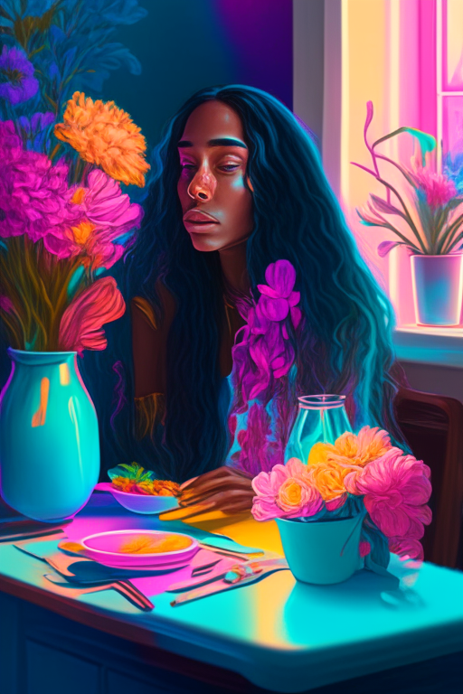 A beautiful mixed race woman with long hair in a beautifully decorated kitchen sitting at a table eating breakfast there is a lovely vase of flowers blooming on the table vivid bright neon pastel colors