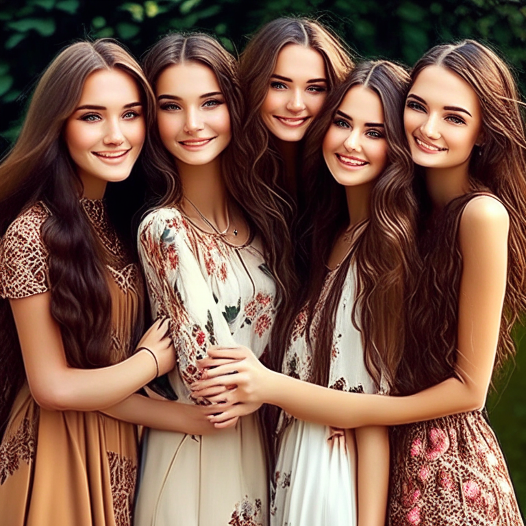 The Girls:
The image depicts a group of beautiful girls. They possess attractive appearances, potentially characterized by captivating eyes, smooth and radiant skin, and long, stylishly arranged hair. They may also have enchanting smiles that add to their charm.

Clothing and Appearance:
The girls are dressed in coordinated and appealing outfits that reflect elegance and fashion. The clothing may feature various designs and colors, catering to each individual's taste. They might also have light makeup that enhances their natural beauty and adds a touch of femininity.

Interaction and Scene:
The girls may appear in the image engaging with each other. There could be laughter, smiles, conversation, and a sense of enjoyment. The overall frame of the image might convey an atmosphere of happiness, friendship, and harmony among the girls.