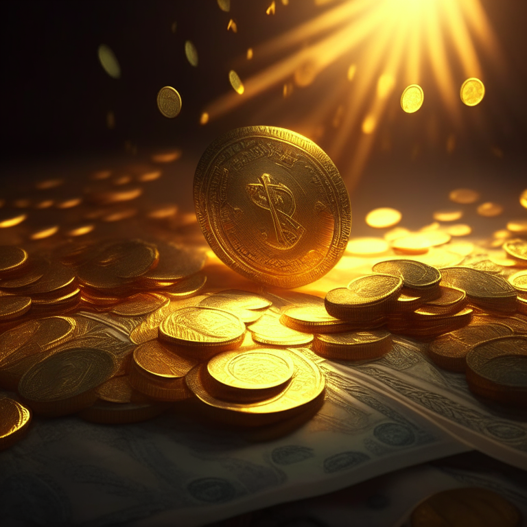 Money and coins irradiating golden light