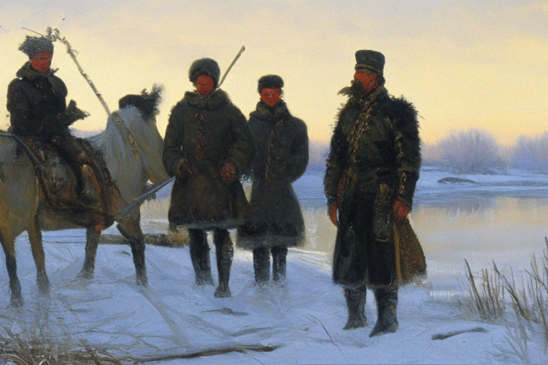 modern cossacks near Dnipro river, art by Józef Brandt 