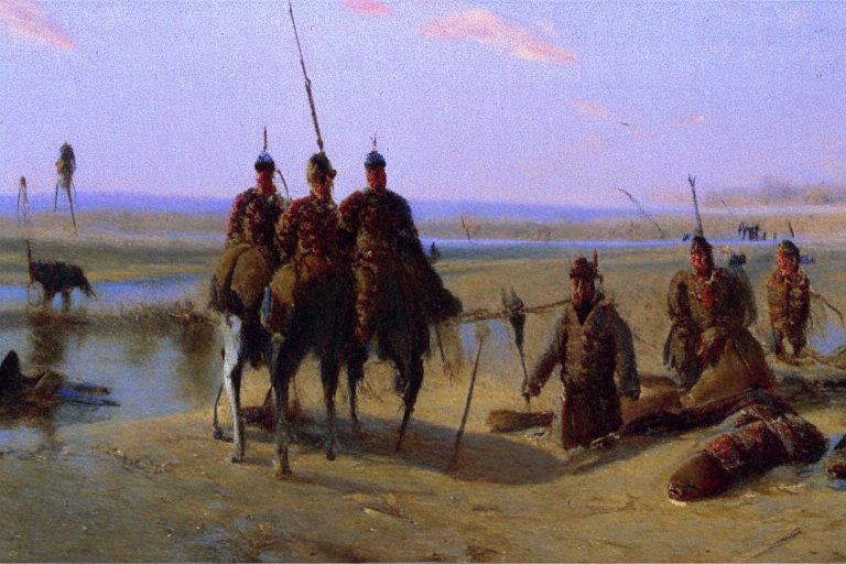 cossacks near Dnipro river, art by Józef Brandt 