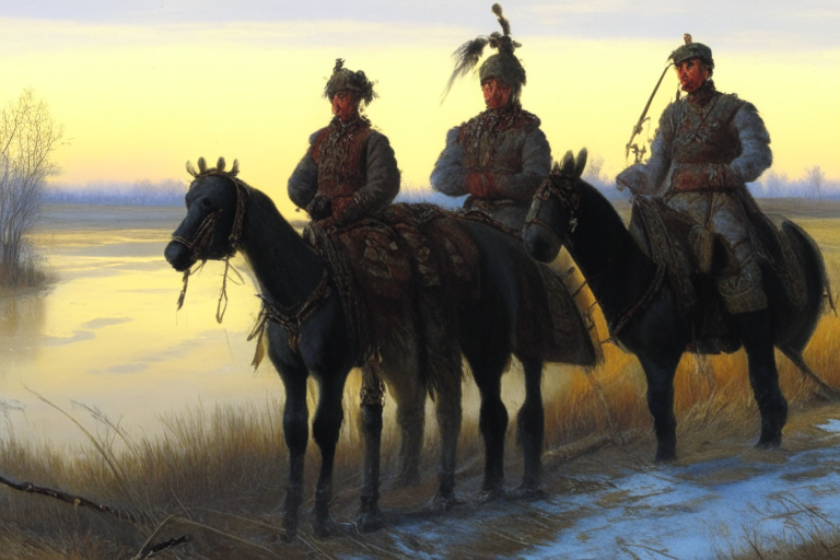 cossacks near Dnipro river, high definition art, paint by Jozef Brandt 