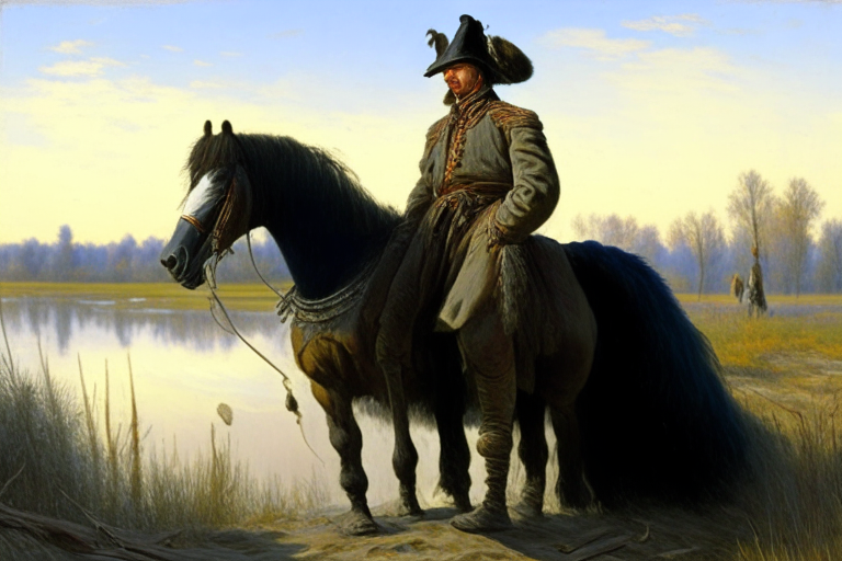 cossack without a horse near Dnipro river, high definition art, paint by Jozef Brandt 