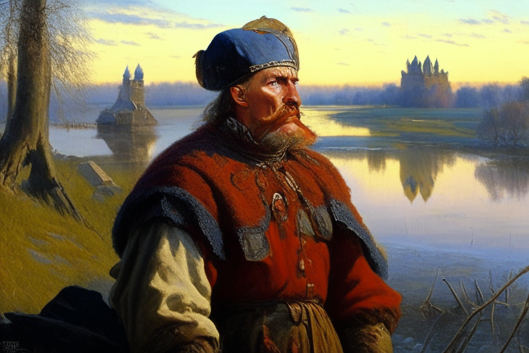 hetman Mazepa near Dnipro river, high definition art, paint by Jozef Brandt 