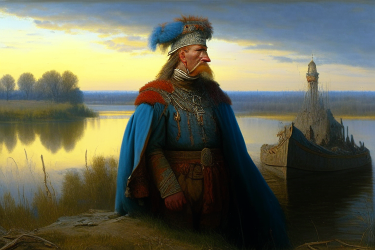 hetman Mazepa near Dnipro river, high definition art, paint by Jozef Brandt 