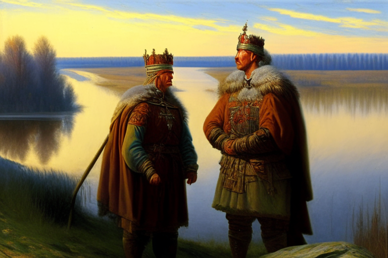 hetman Mazepa and king Karl near Dnipro river, high definition art, paint by Jozef Brandt 