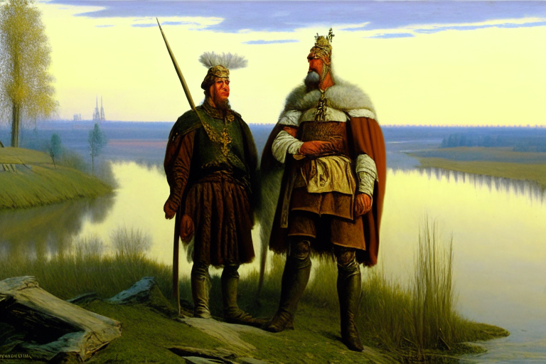 hetman Mazepa and king Karl near Dnipro river, high definition art, paint by Jozef Brandt 