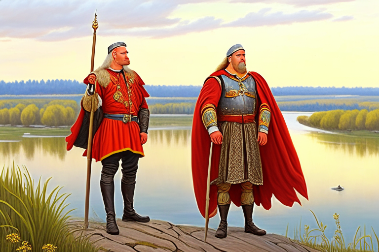 hetman Mazepa and king Karl near Dnipro river, high definition art, paint by Jozef Brandt 