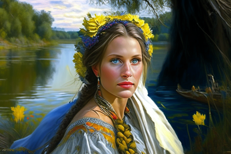 ukrainian beauty near Dnipro river, high definition art, paint by Jozef Brandt 