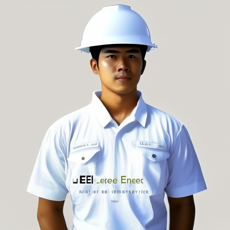 Create an Filipino Electrical Engineer wearing white long sleeve with iiee logo and wearing white safety cap for engineer. He must me Asean color .