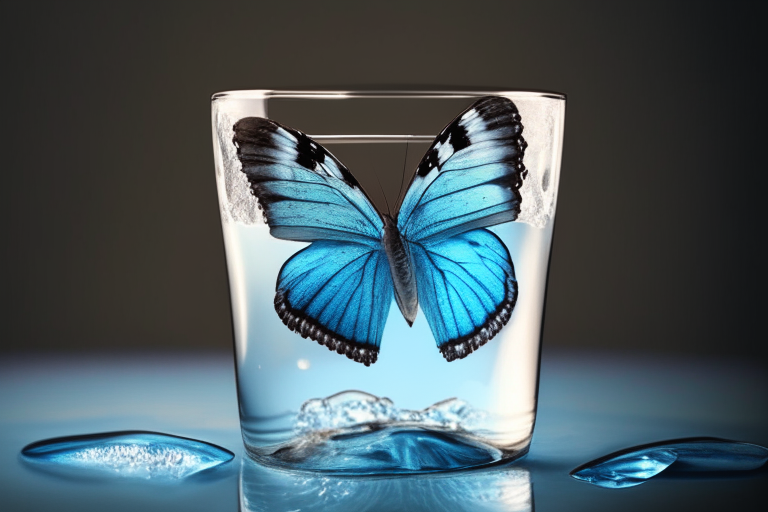 a glass of water with a butterfly on top of it