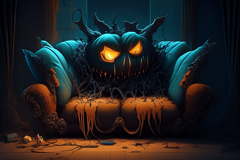 The personification of the Halloween holiday in the form of a Nightmarish couch, unreal engine, highly detailed, art germ digital illustration, studio Ghibli, DeviantArt, sharp focus, art station, by Alexei Vinogradov