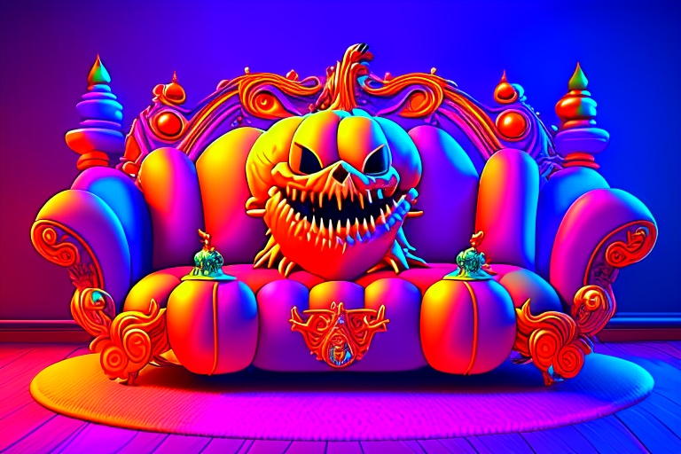 The personification of the Halloween holiday in the form of a Nightmarish couch, unreal engine, highly detailed, art germ digital illustration, studio Ghibli, DeviantArt, sharp focus, art station, by Alexei Vinogradov