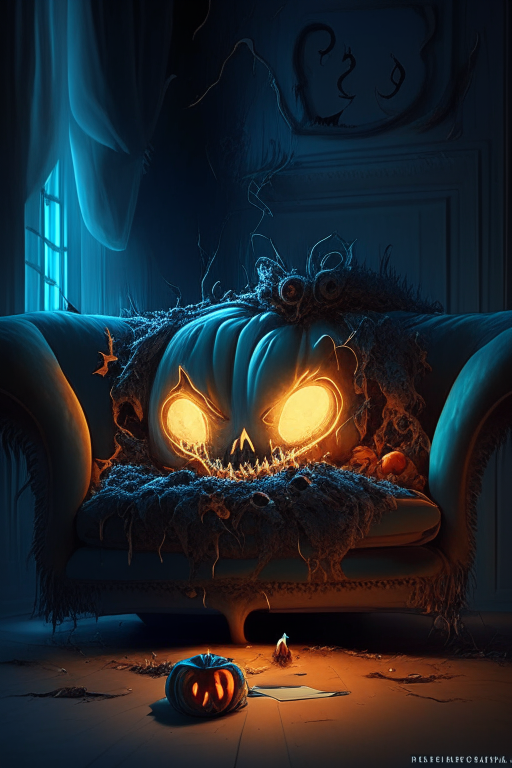 The personification of the Halloween holiday in the form of a Nightmarish couch, unreal engine, highly detailed, art germ digital illustration, studio Ghibli, DeviantArt, sharp focus, art station, by Alexei Vinogradov