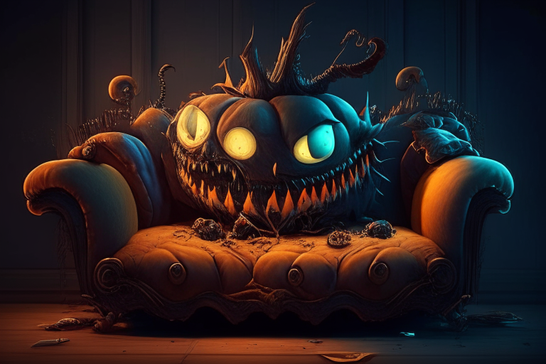 The personification of the Halloween holiday in the form of a Nightmarish couch, unreal engine, highly detailed, art germ digital illustration, studio Ghibli, DeviantArt, sharp focus, art station,