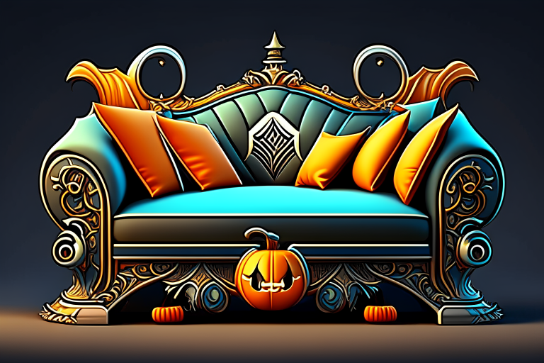 The personification of the Halloween holiday in the form of a Nightmarish couch, unreal engine, highly detailed, art germ digital illustration, studio Ghibli, DeviantArt, sharp focus, art station,