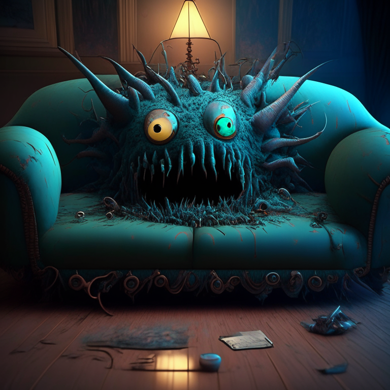 The personification Nightmarish couch, unreal engine, highly detailed, art germ digital illustration, studio Ghibli, DeviantArt, sharp focus, art station,