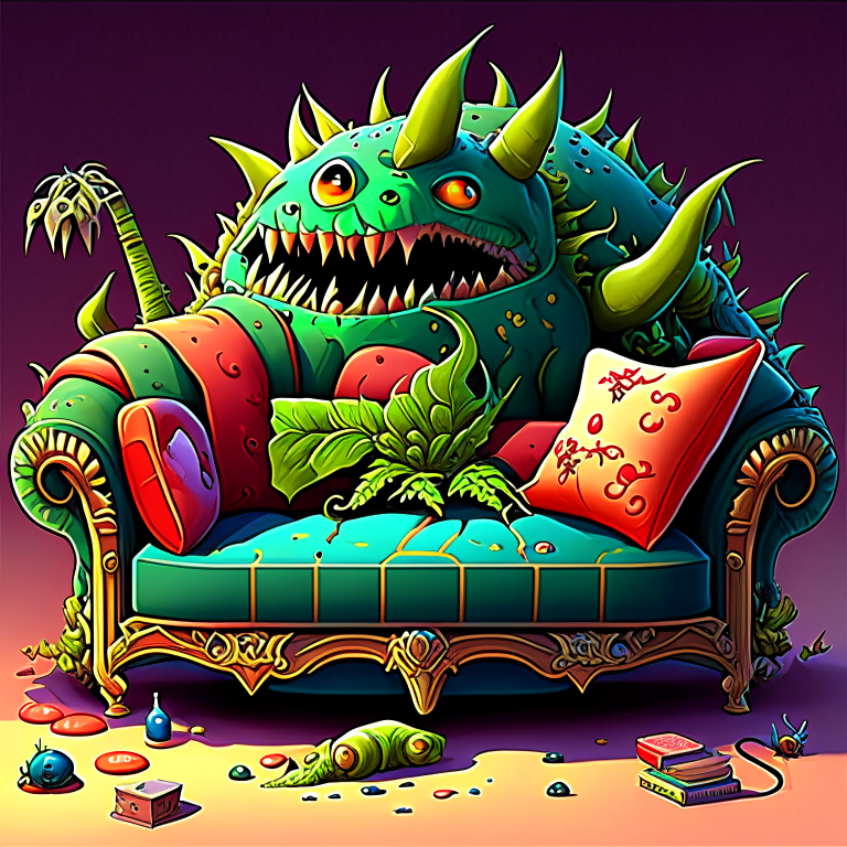 The personification Nightmarish couch, unreal engine, highly detailed, art germ digital illustration, studio Ghibli, DeviantArt, sharp focus, art station,