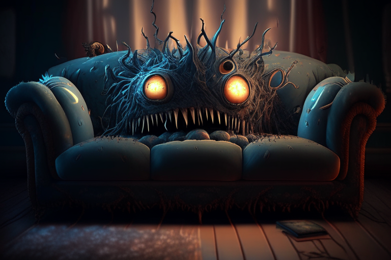  Nightmarish couch, unreal engine, highly detailed, art germ digital illustration, studio Ghibli, DeviantArt, sharp focus, art station,