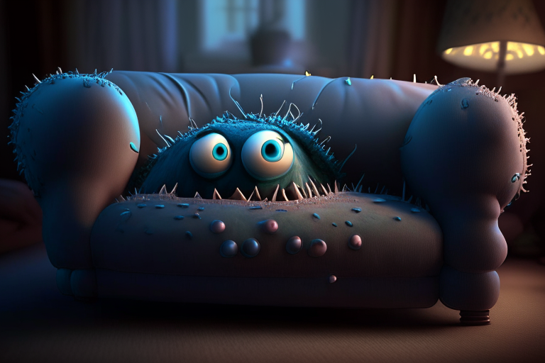 pixar Nightmarish couch, unreal engine, highly detailed, art germ digital illustration, studio Ghibli, DeviantArt, sharp focus, art station,