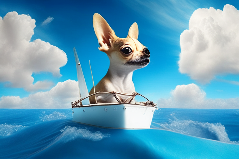 a Chihuahua sailing on a boat in the middle of the ocean, with a blue sky and white clouds