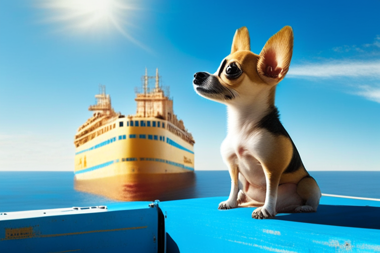 a Chihuahua sitting on a freighter ship, looking out to sea a small dog on a cargo ship, with a blue sky in the background