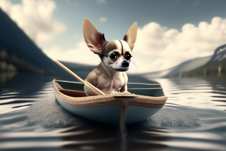 a Chihuahua rowing a boat in the middle of a lake, 4k