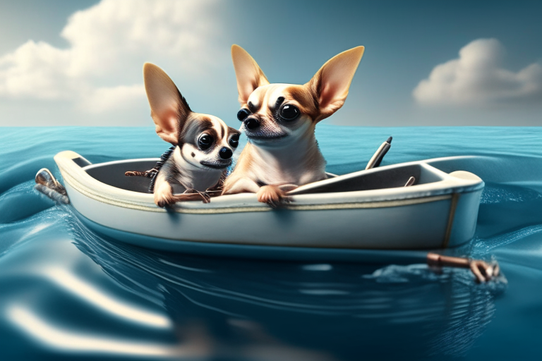 Two chihuahuas fishing on a small boat in the middle of the ocean, 4k