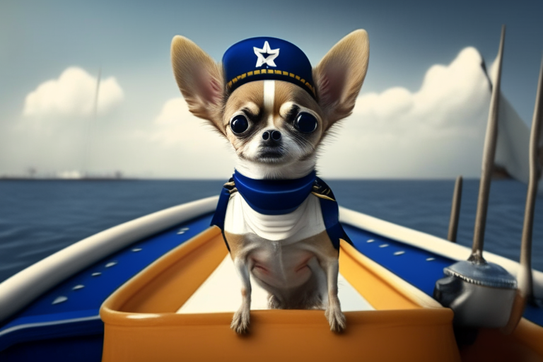a Chihuahua wearing a sailor hat and a life jacket, standing on a boat with a maritime flag, celebrating National Maritime Day, 4k
