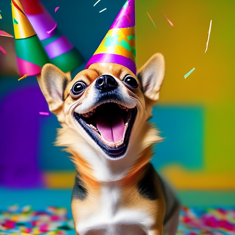 a happy chihuahua dancing with joy in a colorful party hat