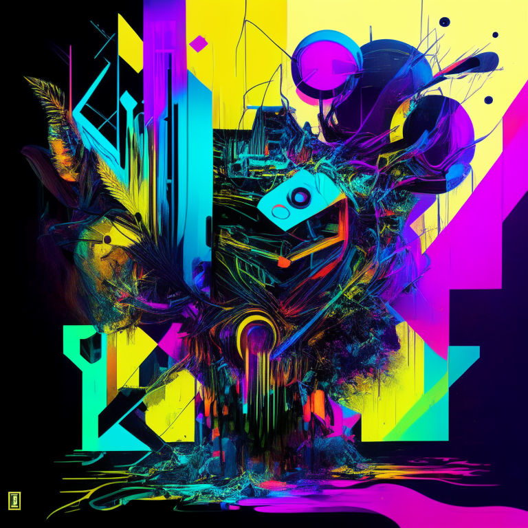a surreal representation of electro-indie music with vibrant colors and imaginative elements, blending organic and mechanical forms to symbolize the fusion of natural and electronic elements, incorporating abstract symbols and experimenting with unconventional perspectives, using bold colors and glitch art techniques for a visually striking composition