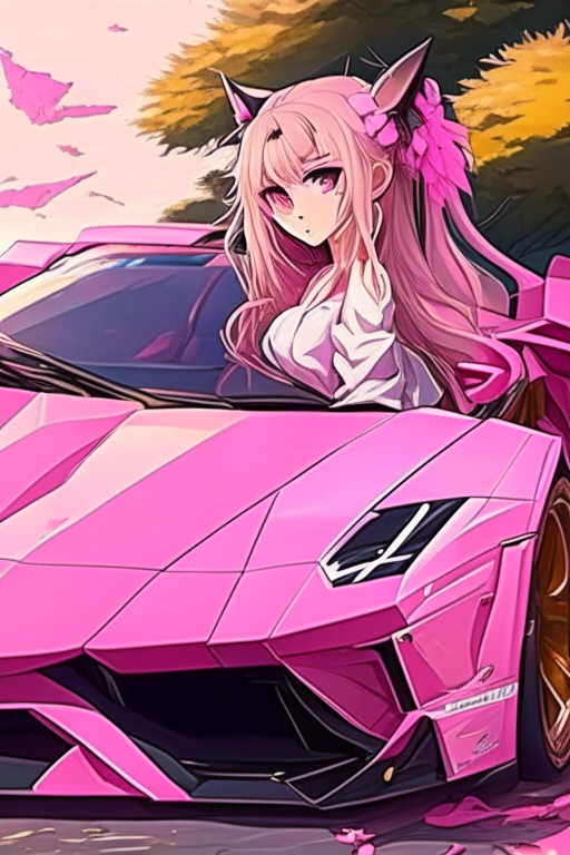 Beautiful anime with her  pink Lamborghini 