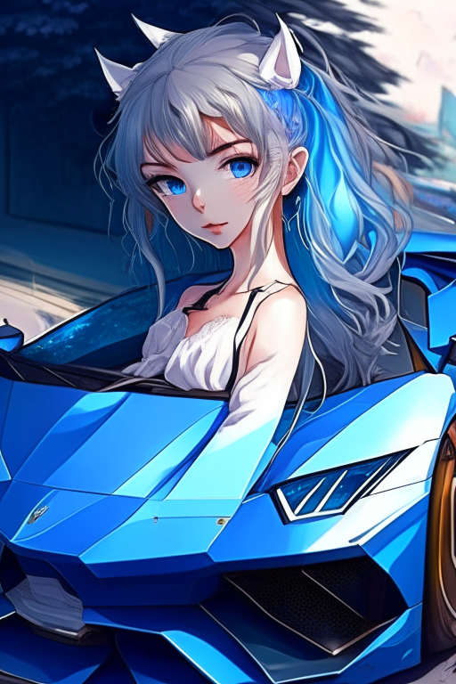 Pretty anime with her blue  Lamborghini 